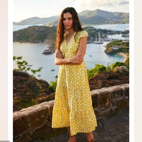 Boden May Cotton Midi Tea Dress Yellow Lemon Print Size 12R Vneck Cap Sleeve - Picture 4 of 13